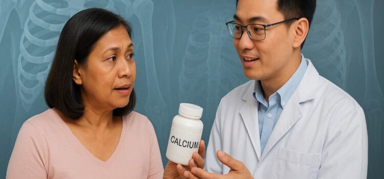 old women holding calcium supplement